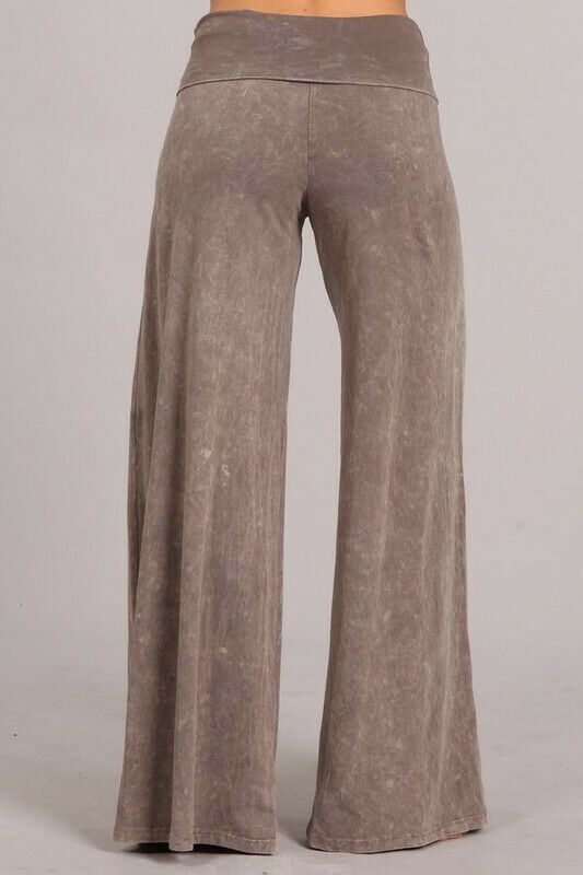 Taupe Mineral Wash Wide Led Foldover Over Waistband Casual Boho Womens Pants