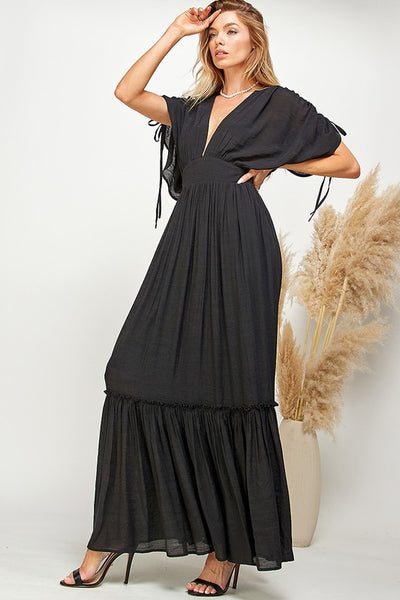 Black Ruffled & Tiered Plunge Neck Maxi Dress