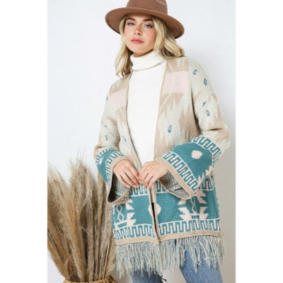 Taupe Teal Bell Sleeve Aztec Western Tribal Fringe Knit Boho Cardigan Sweater