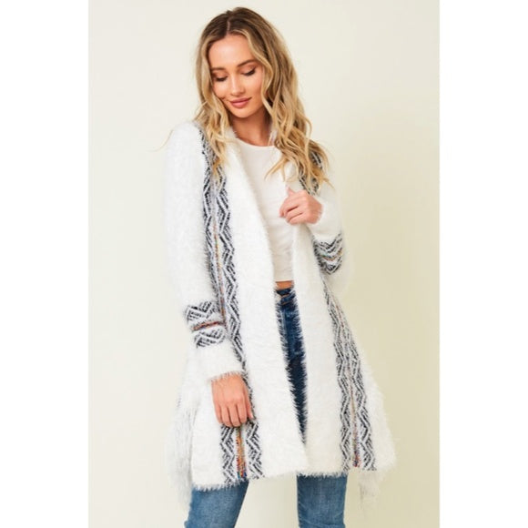 White Fuzzy Eyelash Fringe Rainbow Aztec Pattern Open Knit Cardigan Sweater