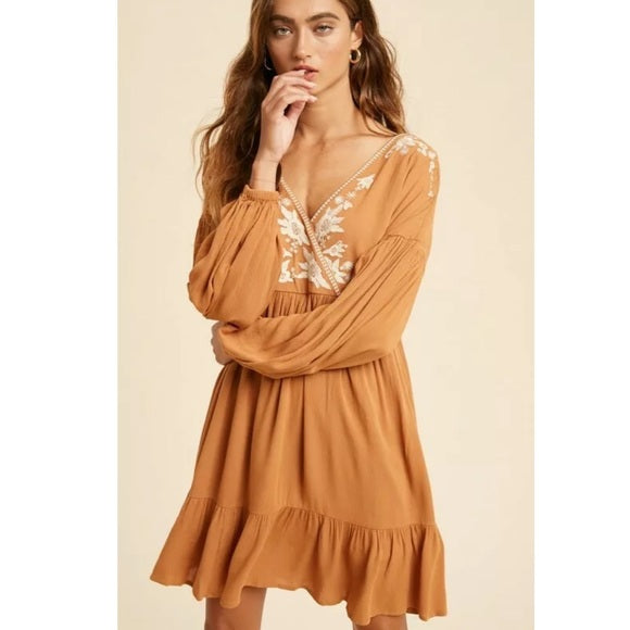 Earthen Boho Surplice Wrap Floral Embroidered Long Sleeve Ruffed Hem Mini Dress