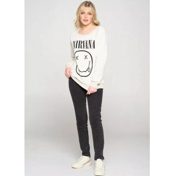 Cream Gray Heathered Nirvana Smiley Face Band Graphic Sweatshirt Casual Women's