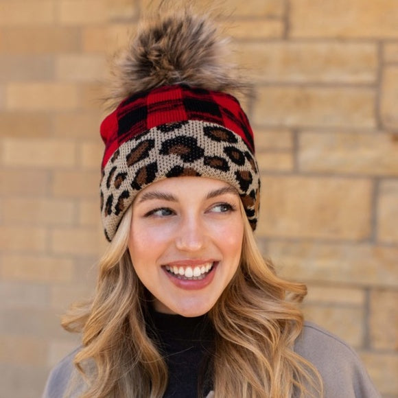 Leopard Red Buffalo Check Faux Fur Pom Beanie