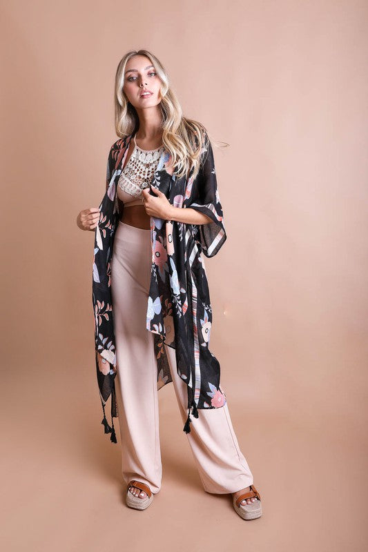 Black Blooms Floral Wallflower Spring Kimono Wrap Coverup Casual Women's Top