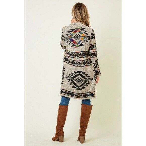 Taupe Rainbow Multi Colored Aztec Tribal Jacquard Open Knit Cardigan Sweater