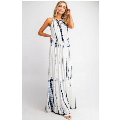 Boho White & Blue Tie Dye Summer Long Maxi Dress Casual Womens