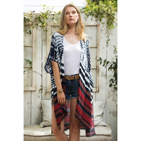 Indigo Tie Dye Jacquard Ethnic Boho Bohemian Motif Open Kimono Wrap Coverup