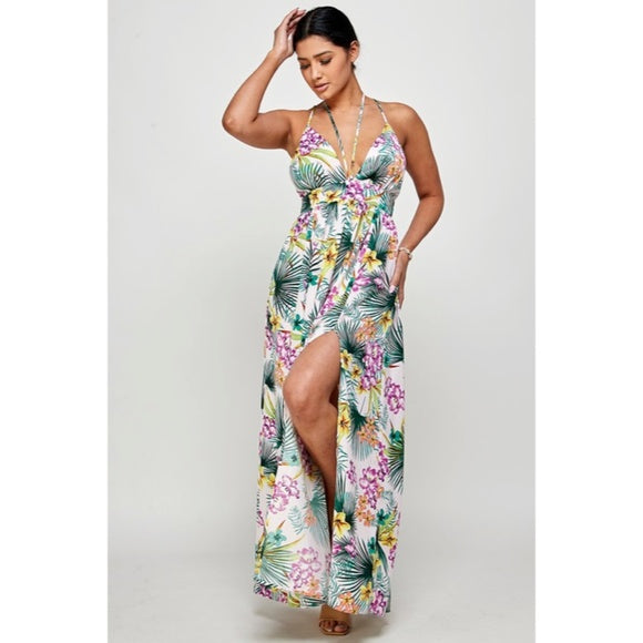 Purple Tropical Floral Palm Vacation Cruise Summer Sexy Slit Maxi Halter Dress