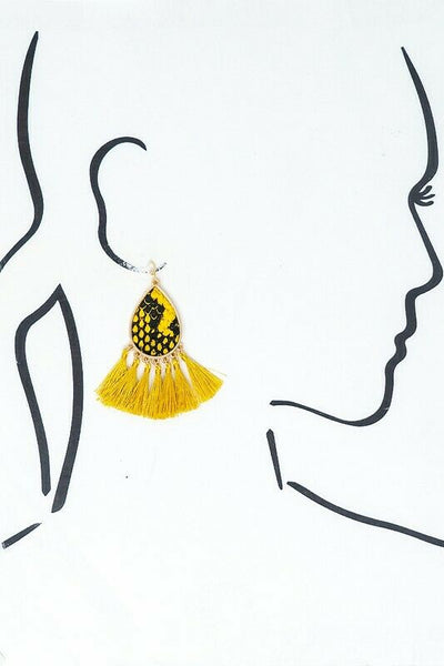 Gold Cream Snake Print Teardrop Casting Tassel Earrings