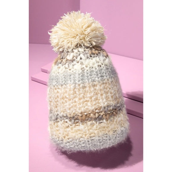 Ivory Cozy Knitted Striped Pompom Winter Knit Beanie Women's Hat Casual Gift