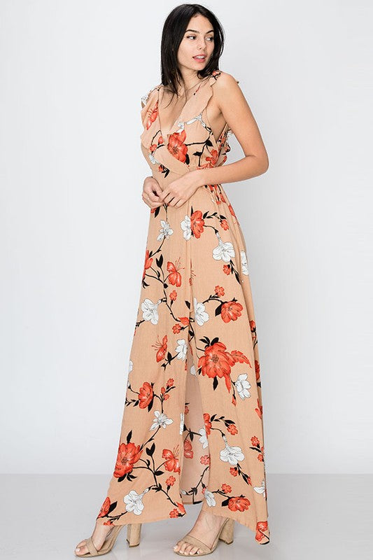 Taupe Deep V Faux Wrap Floral Cherry Blossom Open Back Maxi Dress