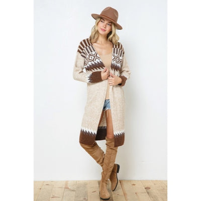 Taupe & Brown Aztec Tribal Western Boho Long Open Knit Cardigan Casual Sweater