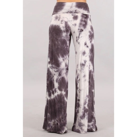 Taupe Gray Tie Dye Foldover High Waist Wide Leg Palazzo Lounge Stretch Pants