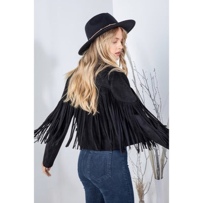 Black Faux Leather Suede Fringe Cropped Western Boho Moto Jacket Women's