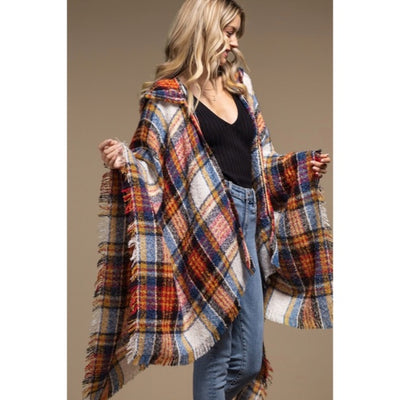 Vin Chaud Knit Plaid Hooded Hoodie Open Fringe Ruana Wrap Fall Winter Casual