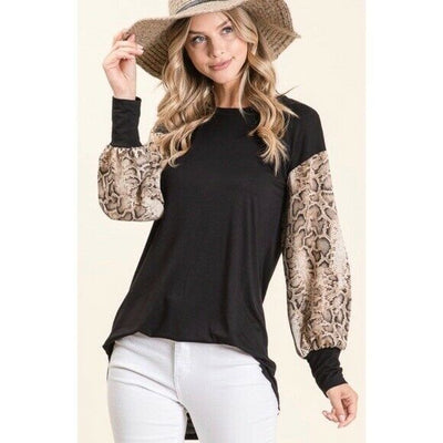 Black Snakeskin Print Relaxed Long Sleeve Top Casual Womens