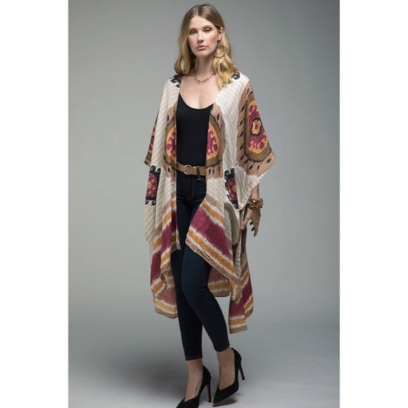 Bohemian Mandala Inspired Stripes Side Slit Kimono Coverup Wrap Casual Women's