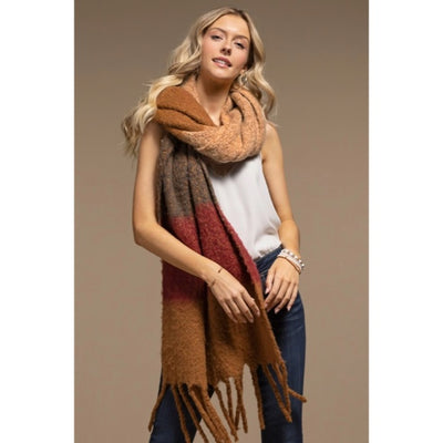 Almond Plush Wide Stripe Oblong Scarf Winter Women's Casual Knit Extra Long