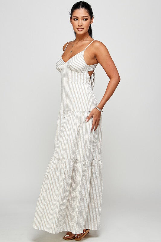 White & Beige Stripe Cross Backless Strap Ruffle Maxi Dress