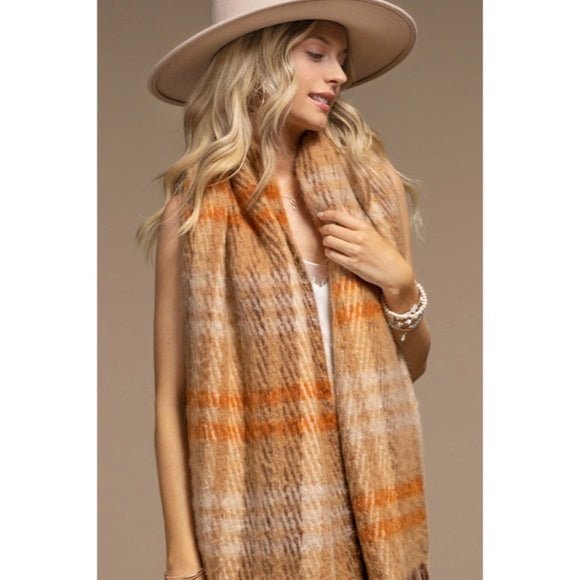 Toffee Plaid Soft Plush Oblong Scarf w/ Tassel Fringe Women's Casual Winter