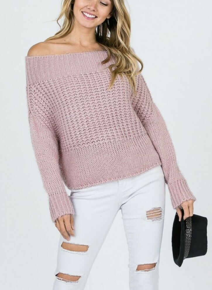 Blush Pink Off Shoulder Knit Long Sleeve Sweater Womens Casual