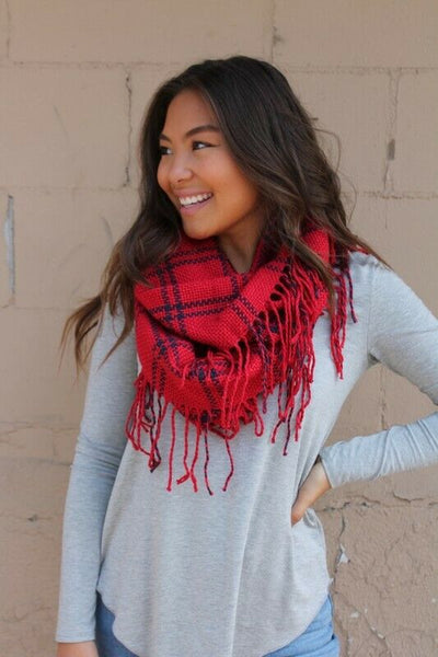 Red Soft Knit Plaid Infinity Tassel Fringe Scarf Windowpane