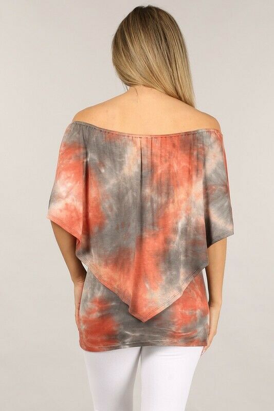 Rust Gray Tie Dye Boho Convertible Off One Shoulder Womens Casual Top