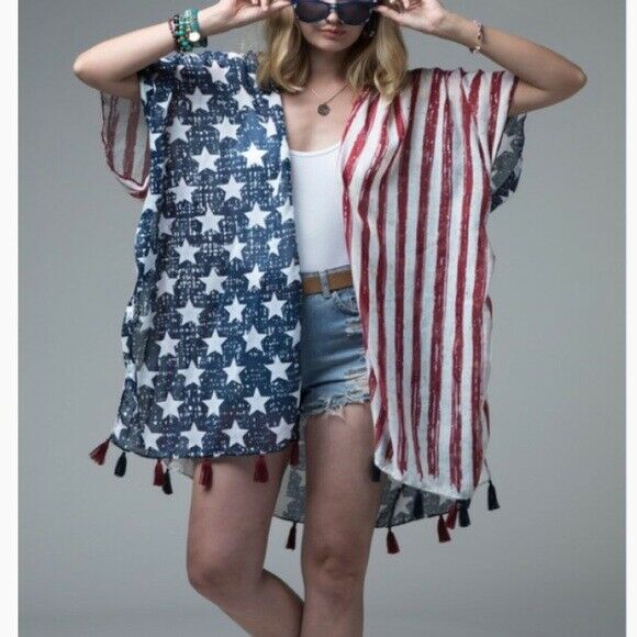 Flag Print American Tassel Fringed Womens Casual Kimono Wrap - One Size