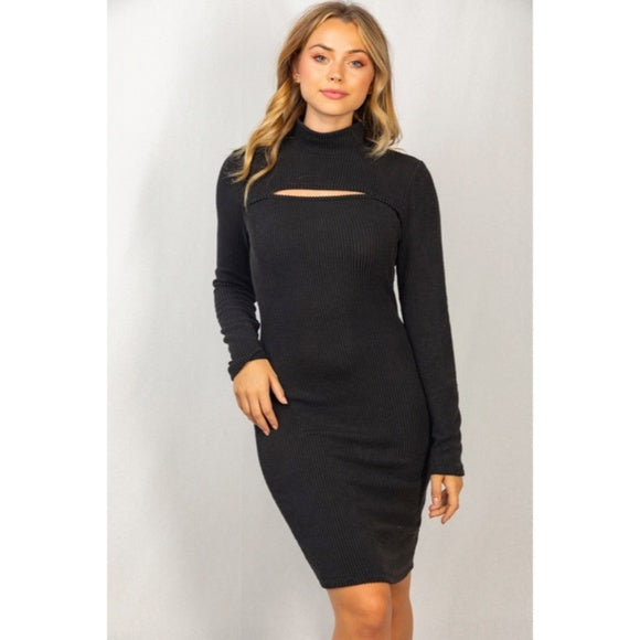 Black Ribbed Mock Neck Long Sleeve Cut Out Neckline Sexy Dress