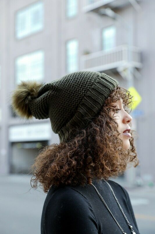 Olive Pom Faux Sherpa Lined Knit Beanie Winter Womens Hat