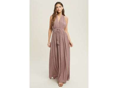 Dark Mauve Solid Halter Smocked Waist Maxi Casual Boho Dress w/ Side Slits