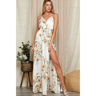 White Floral Print Halter Open Back Maxi Full Long Length Dress Gown W/ Slit