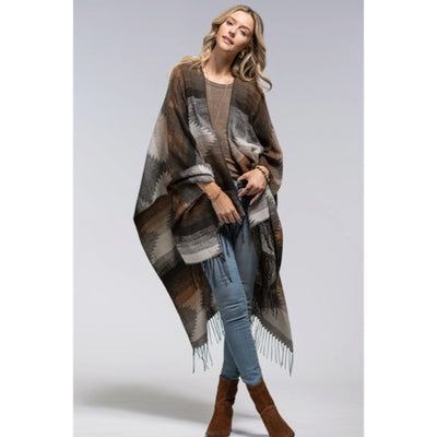 Cocoa Western Print Tassel Ruana Knit Fall Autumn Bohemian Boho Style Wrap