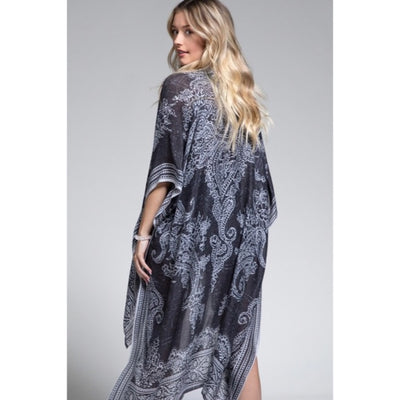 Earl Gray Bohemian Damask Paisley Printed Open Kimono Coverup Wrap