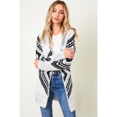 Fuzzy Soft Knit Hooded Long Sleeve Aztec Tribal Native Western Cardigan Sweater