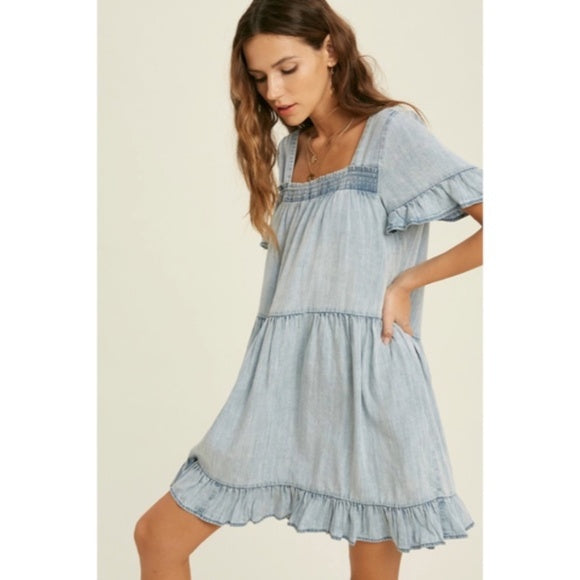 Denim Tencel Square Neck Short Sleeve Ruffle Trim Babydoll Casual Mini Dress