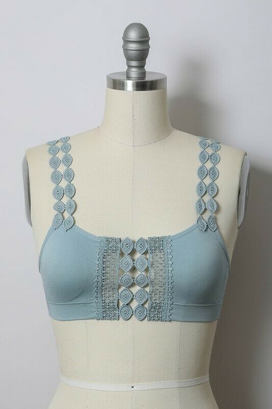 Sea Blue Boho Crochet Appliqué Padded Bralette Womens