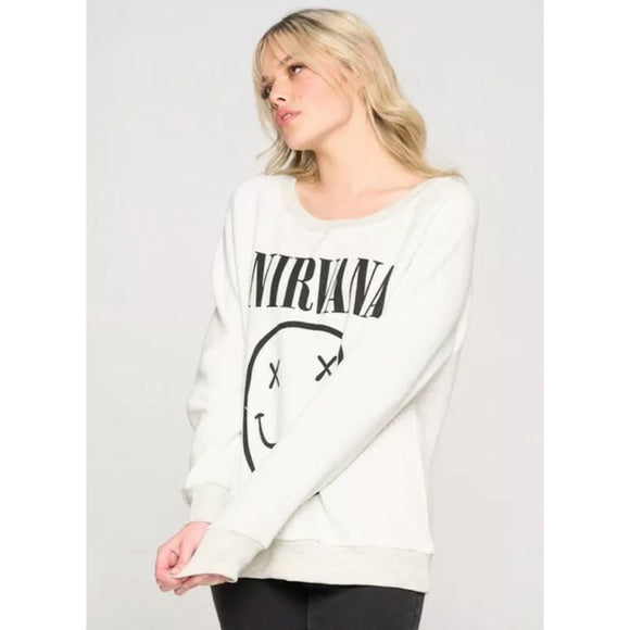 Cream Gray Heathered Nirvana Smiley Face Band Graphic Sweatshirt Casual Women's