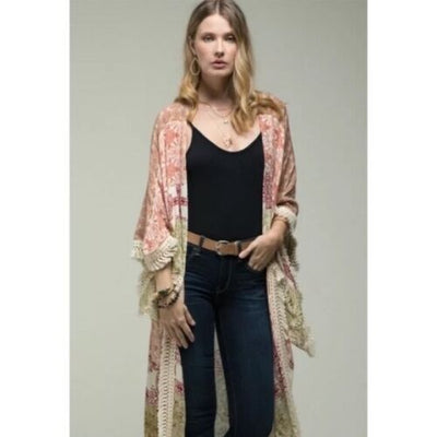 Rust Olive Tassel Boho Mandala Patchwork Kimono Open Wrap Cover Top Duster