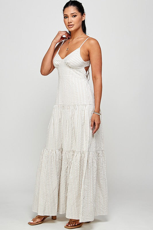 White & Beige Stripe Cross Backless Strap Ruffle Maxi Dress