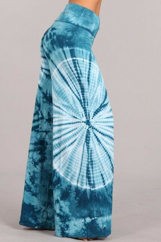 Teal Tie Dye Boho Wide Leg Palazzo High Foldover Waist Stretch Womens Pants