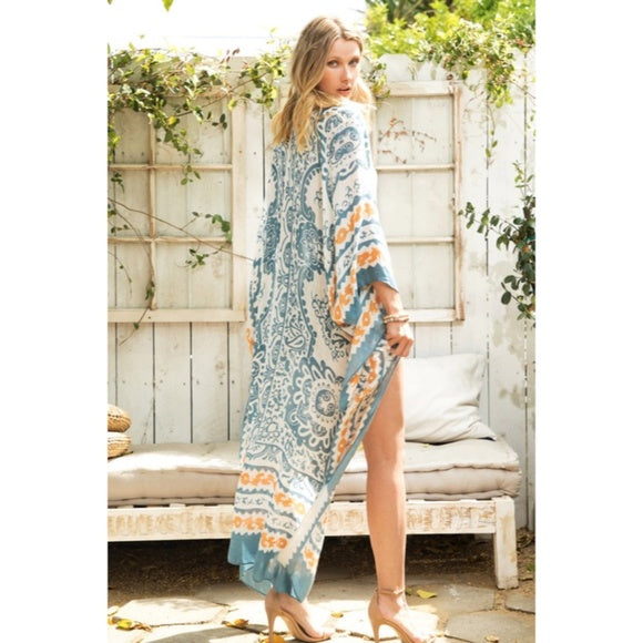 Tribal Road Damask Boho Bohemian Motif Angel Sleeve Kimono Duster Coverup Wrap