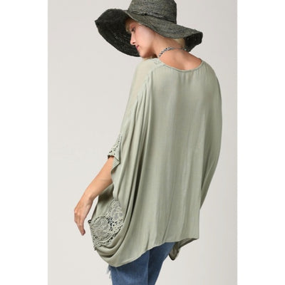 Olive Green Yoryu V-Neck Lace Trim Kimono Blouse Bohemian Casual Top Women's