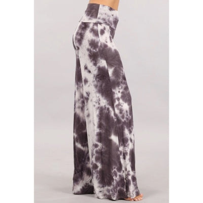 Taupe Gray Tie Dye Foldover High Waist Wide Leg Palazzo Lounge Stretch Pants