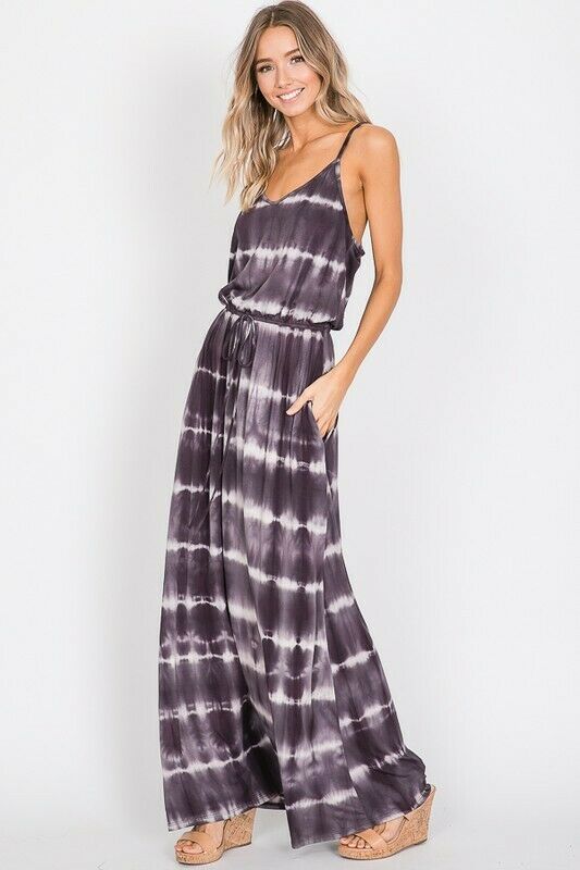 Charcoal Tie Dye Cami Casual Maxi Dress Full Length Long Womens