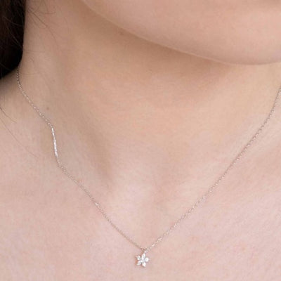 14K Sterling Silver Dainty Flower Rhinestone Sparkling Necklace