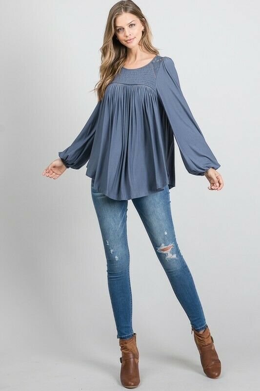 Steel Blue Boho Long Sleeve Modal Smocked Lace Yoke Tunic Casual Womens