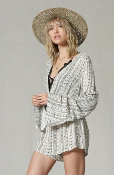 Cross Wrap Front V Neck Long Sleeve Boho Romper Womens Casual S M L