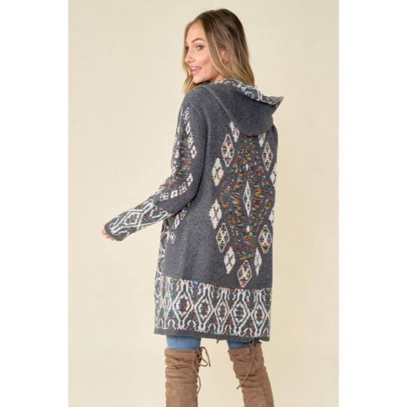 Gray Aztec Rainbow Western Hooded Knit Cardigan Long Sleeve Open Sweater