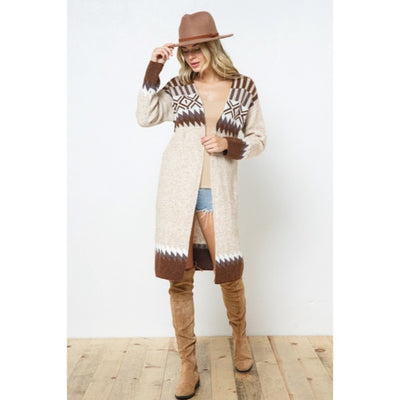 Taupe & Brown Aztec Tribal Western Boho Long Open Knit Cardigan Casual Sweater